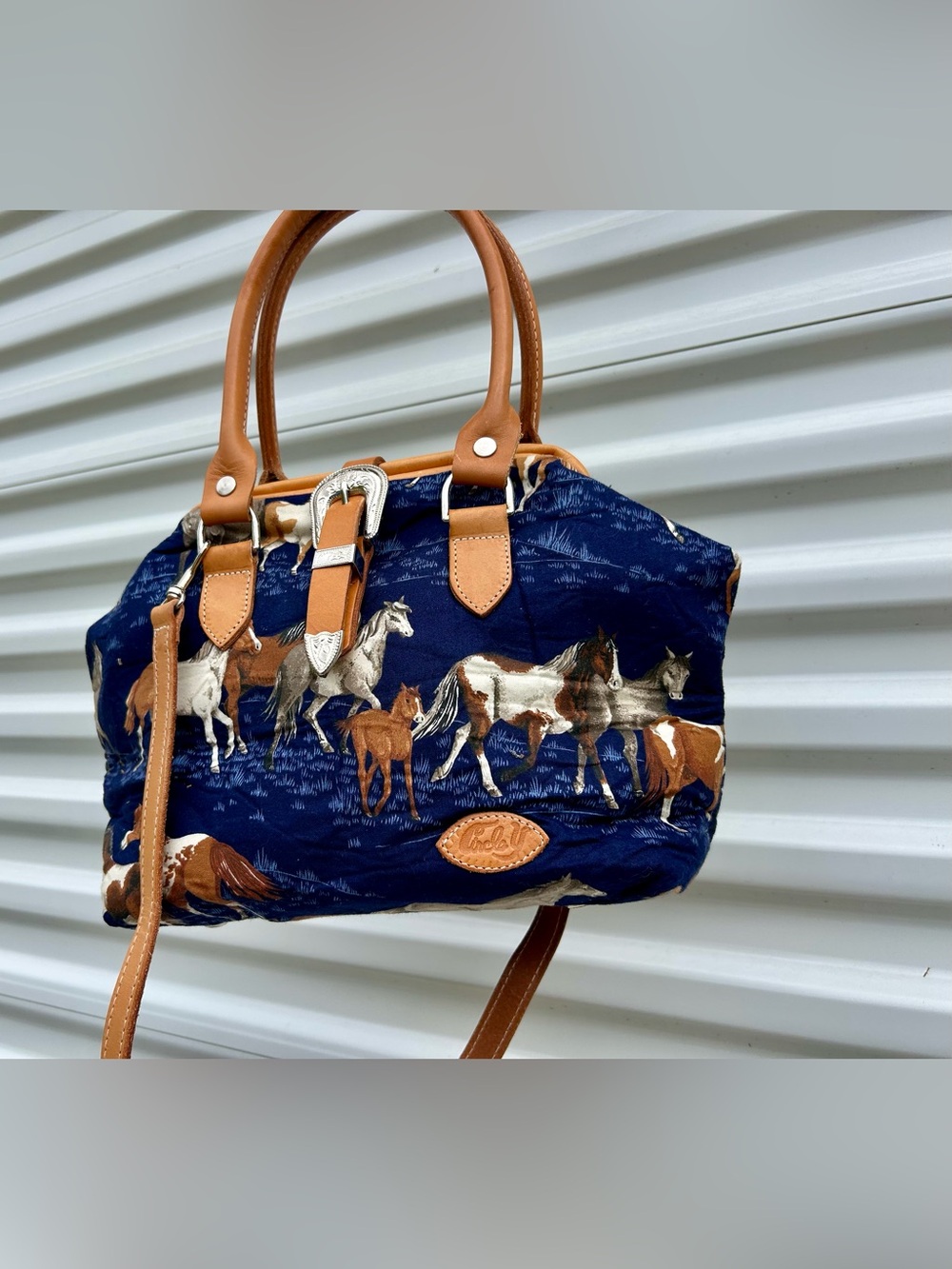 Navy Horse-Print Shoulder Bag with Tan Trim-Rare Sibyl’s Collection